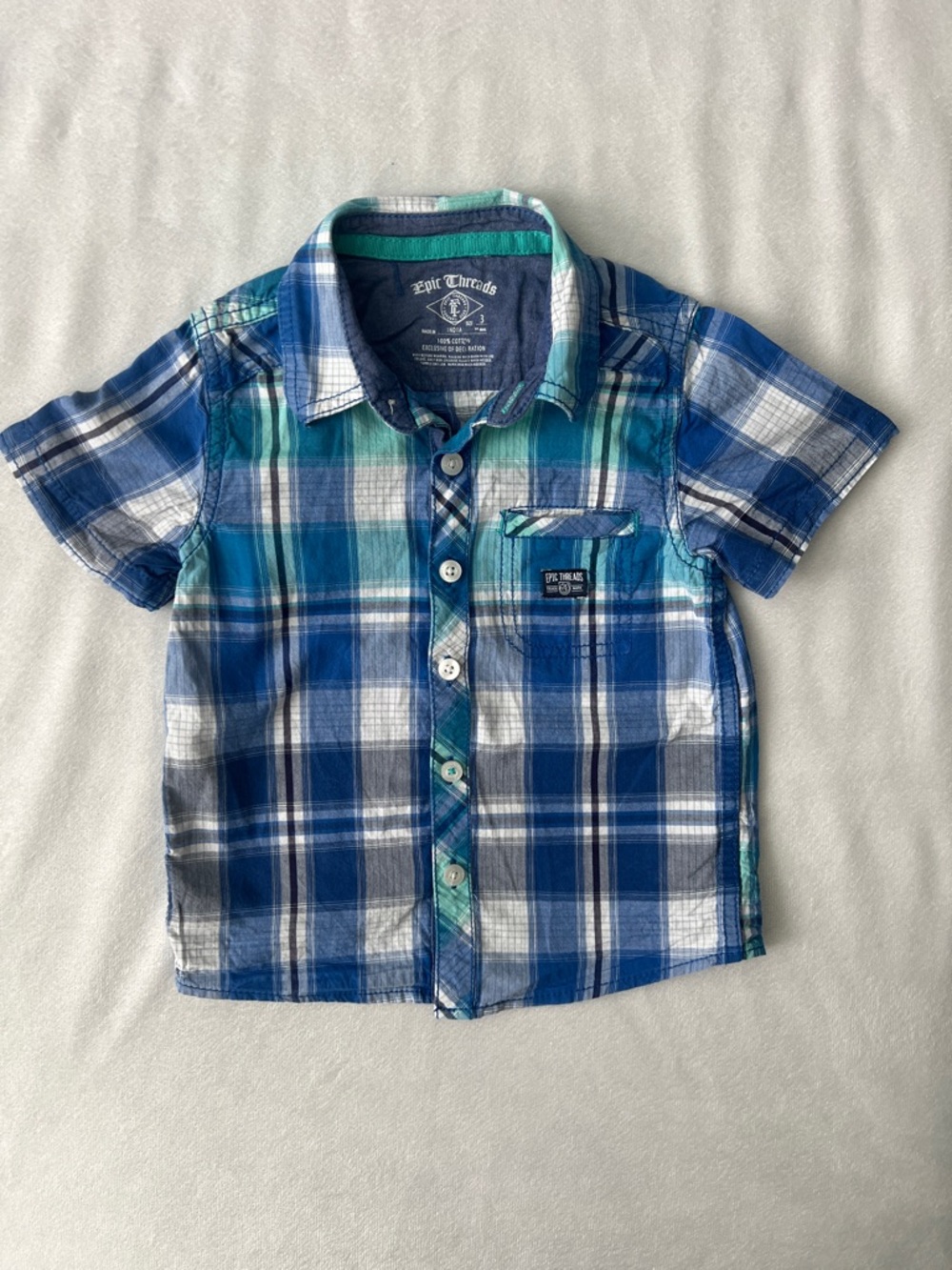 Epic Threads Blue and Teal Plaid Short-Sleeve Button-Down for Kids